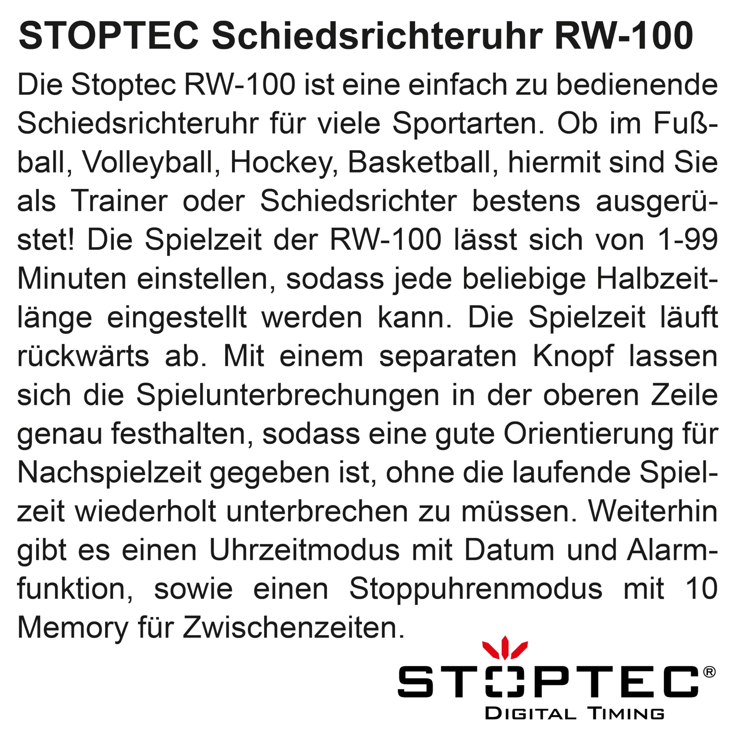 Stoptec Schiedsrichteruhr RW-100 | Referee Watch | 1-99 Minuten Spielzeit | Spielzeit-Unterbrechung | Uhr Modus & Alarm | Stoppfunktion | 10 Memory
