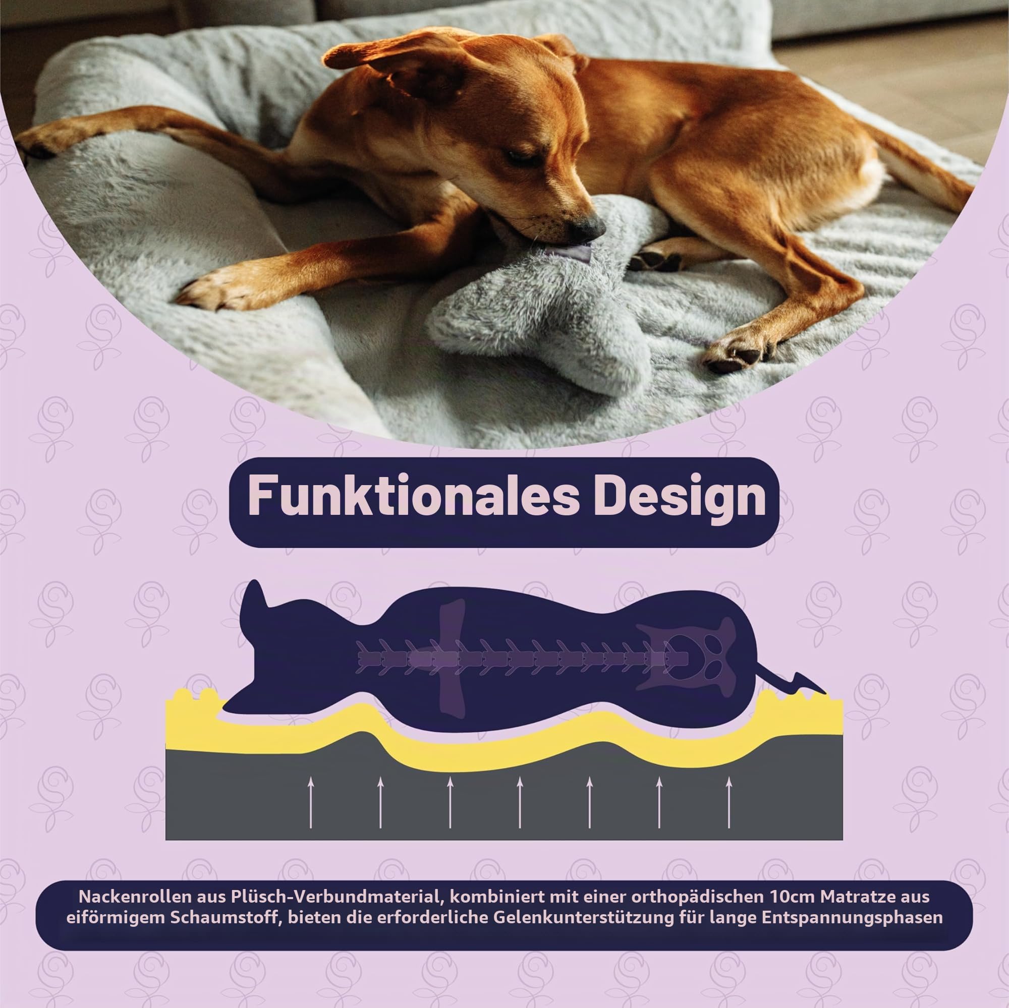 XLarge Orthopädisches Hundebett für Grosse Hunde, Hundecouch mit hohem Rand, Haustierbett, Hundesofa waschbar, Baumwollleinen und Kunstpelz (Grau, XL(106 * 80 * 20cm))