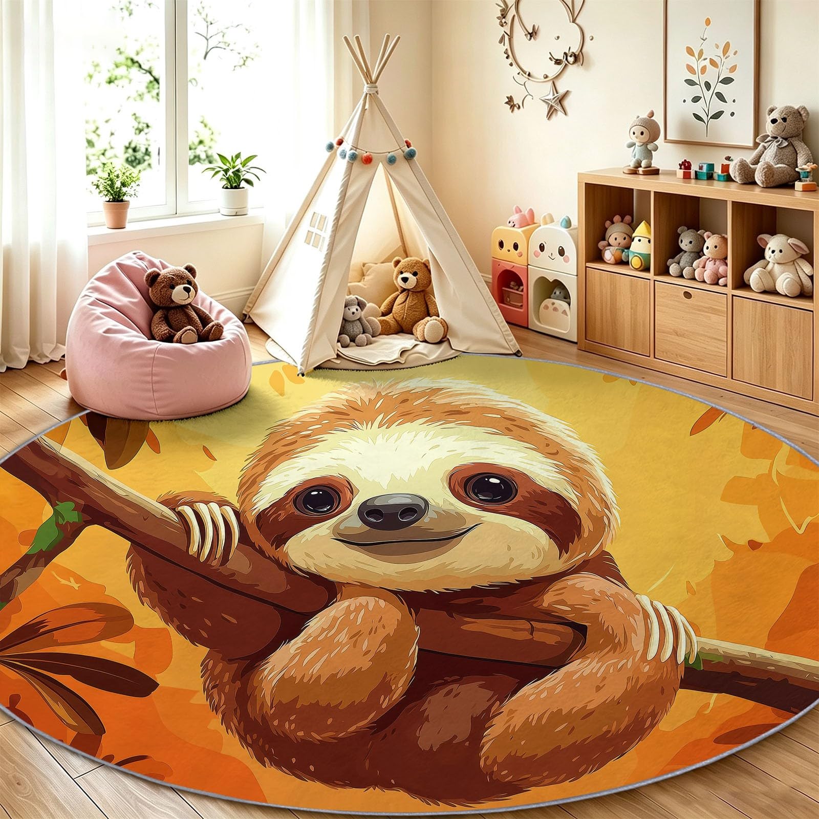 Générique Tapis Rond Salon 100 cm Jaune - Dessin Animé Nordique Paresseux Branches Animaux - Doux & Antidérapant - Poils Courts Faciles à Entretenir - Idéal Chambre, Salle à Manger et Table Basse