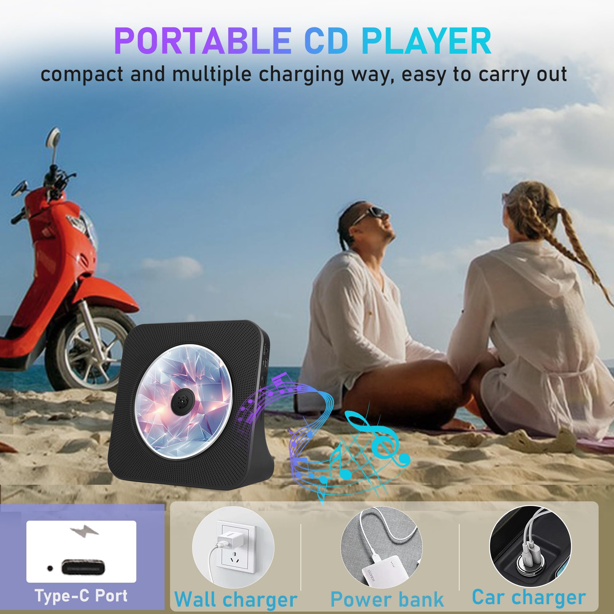 Lettore CD portatile con Bluetooth 5.0, lettore CD domestico con doppi altoparlanti stereo integrati, lettore musicale portatile per auto con Audio Boombox/AUX/USB