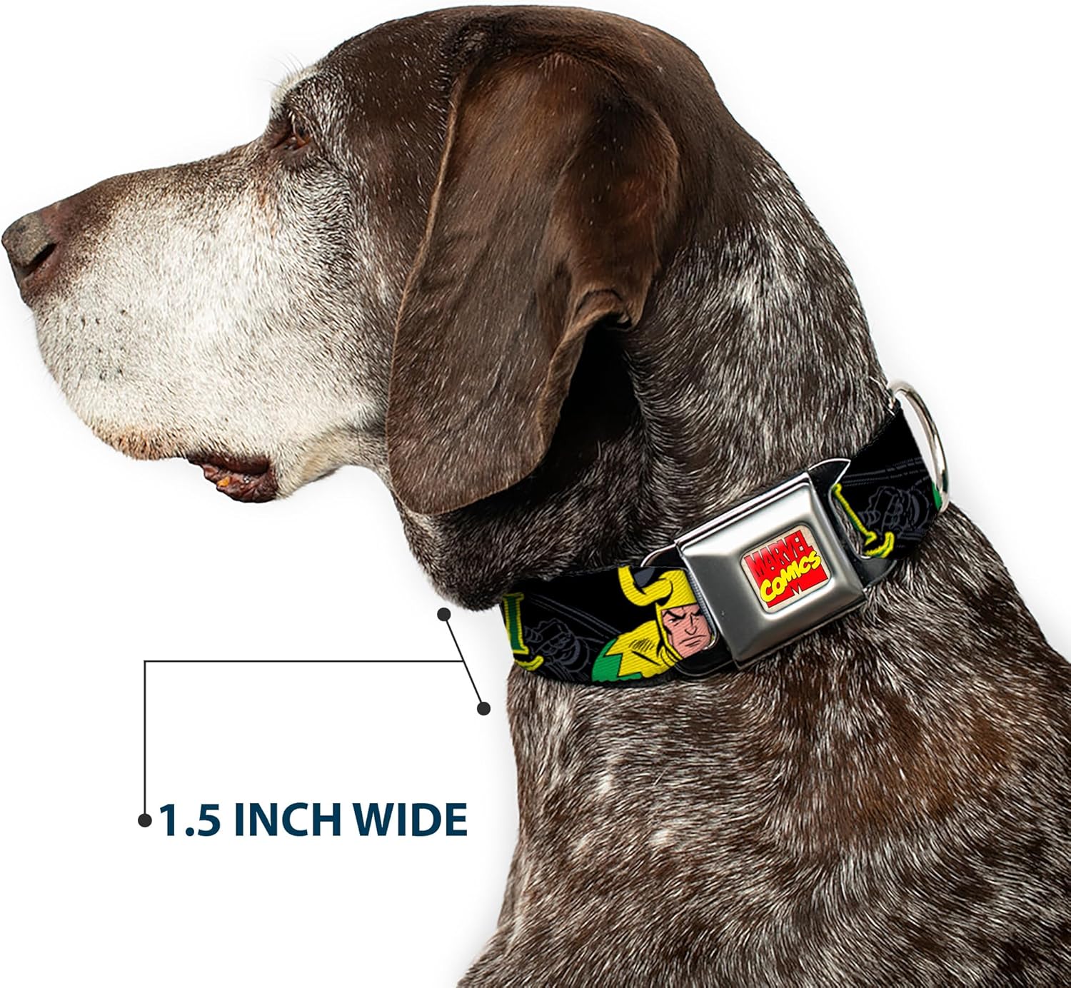 Buckle-Down Seatbelt Buckle Dog Collar - LOKI in Action Black/Gray/Yellow/Green - 1.5" Wide - Fits 13-18" Neck - Small