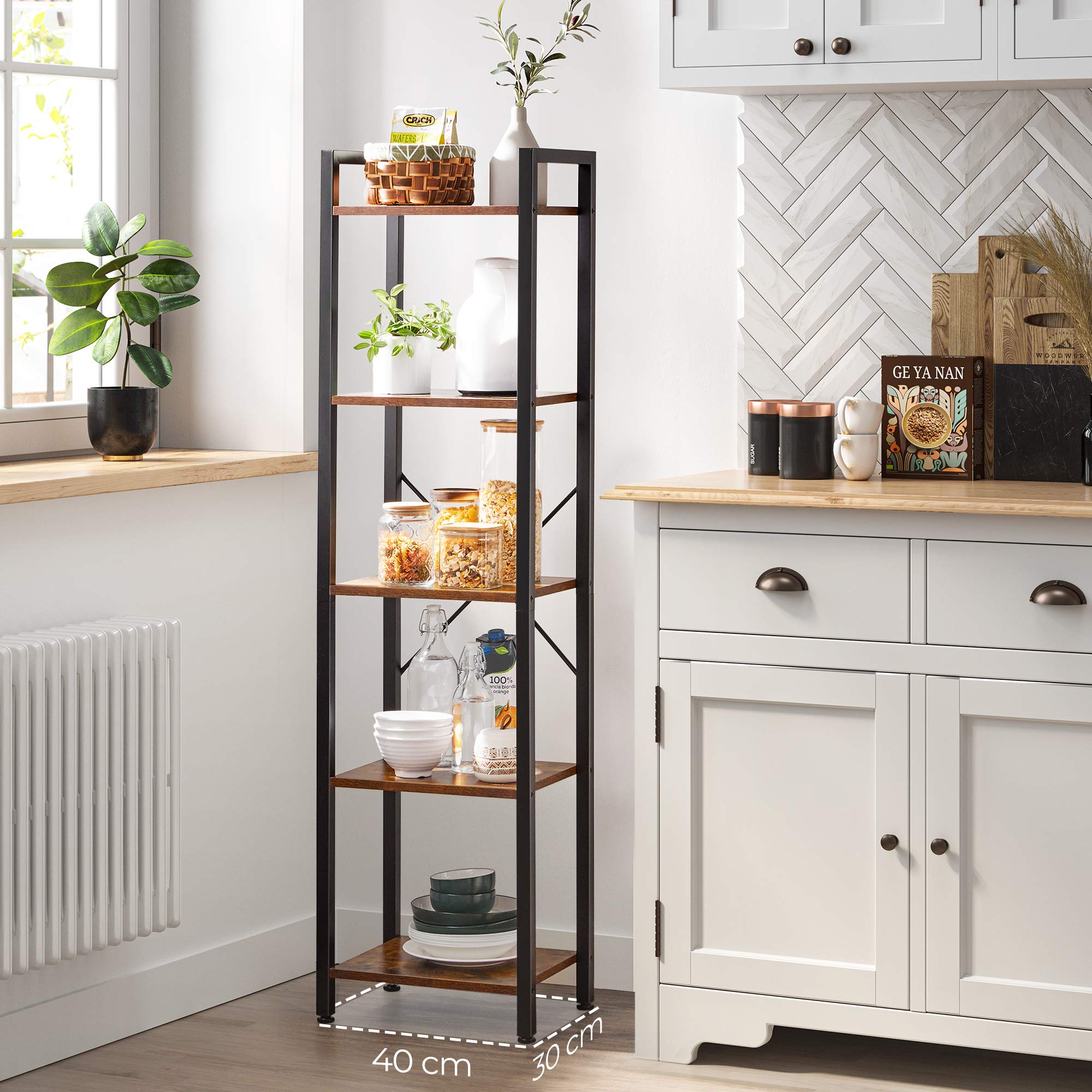 VASAGLE Boekenkast, Ladderrek, Staand Rek Met 4 Niveaus, Frame Van Bamboe Eenvoudige Montage Voor Woonkamer Slaapkamer Keuken Vintage Bruin Zwart Bcb020b01v1