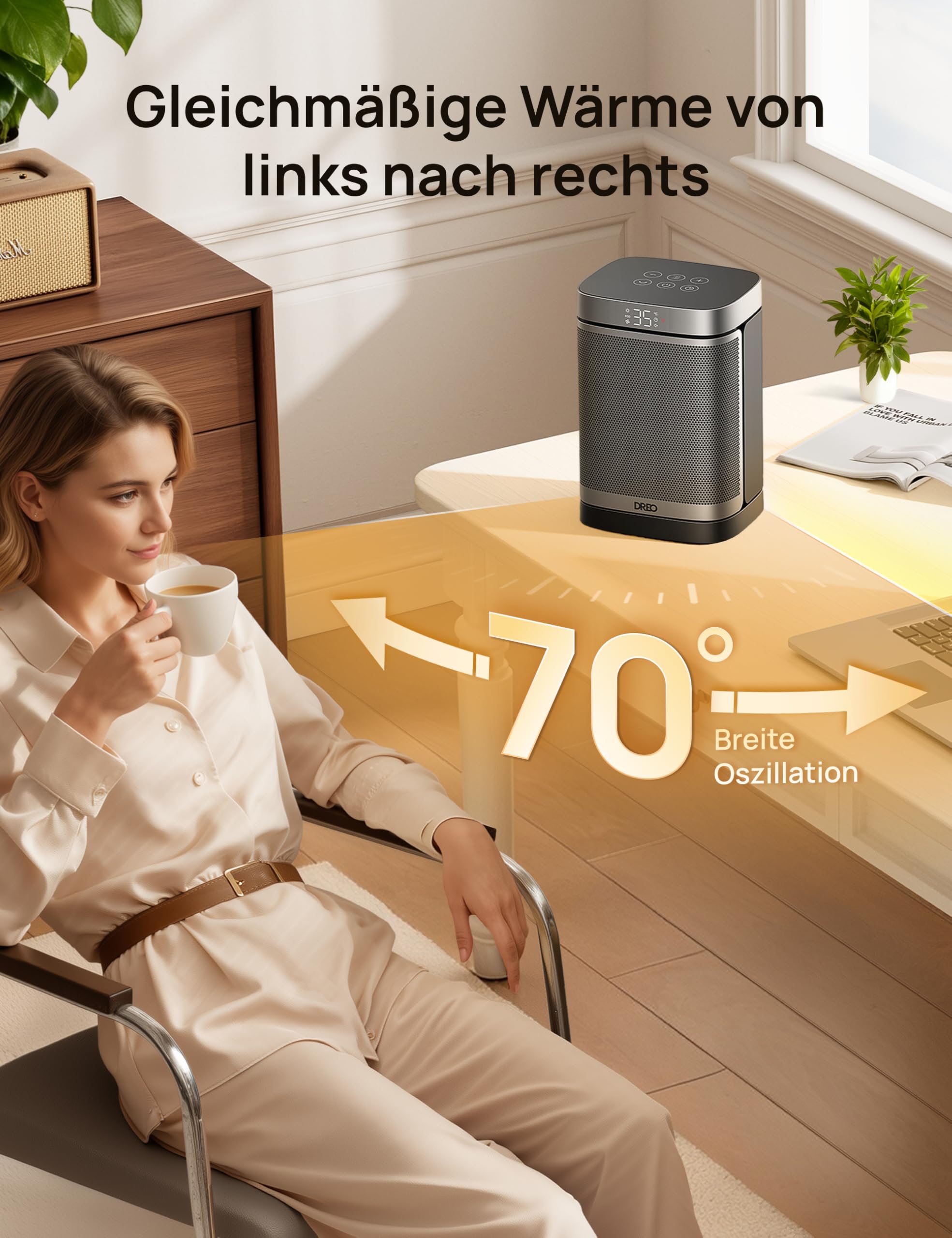 Dreo Heizlüfter 1500W PTC Keramik Elektroheizung mit Thermostat, 70° Oszillierend, ECO-Modus, 12-Std-Timer, Überhitzungs- & Kippschutz