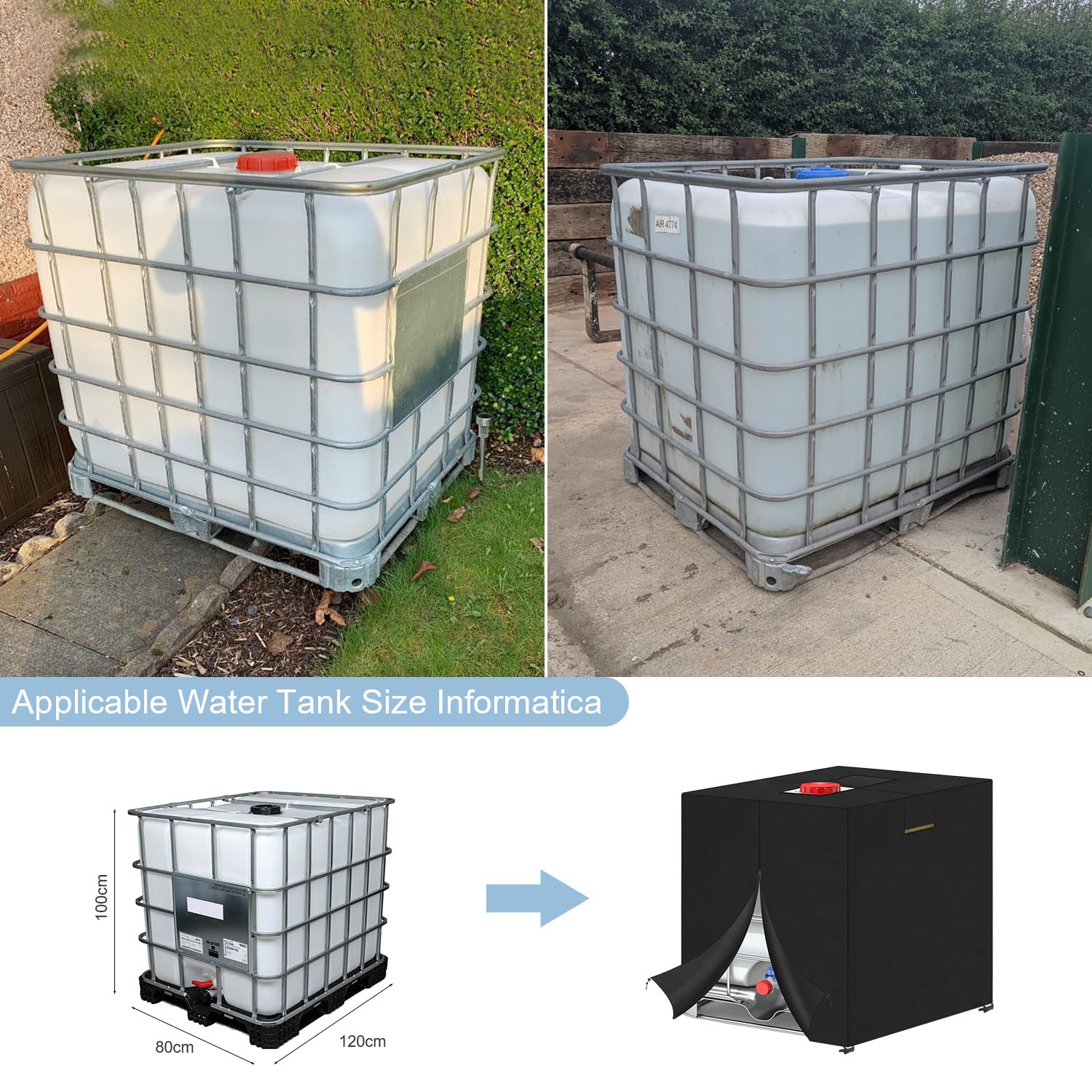 VANSHEIM IBC Tank Abdeckung Wassertank 600L IBC Container Abdeckplane | IBC Wassertank Abdeckung Wasserdicht Winddicht UV beständig Schutzhülle für IBC-Tank, Container Regenwassertank 120x80x100cm