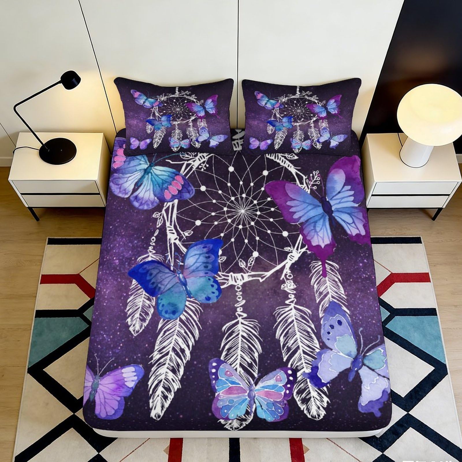 3D Printed Purple Dreamcatcher Butterfly Fitted Sheet Microfiber Soft Breathable Starry Night Bed Sheet for Bedroom Dormitory Guest Room Mattress Protection 140x200x25cm