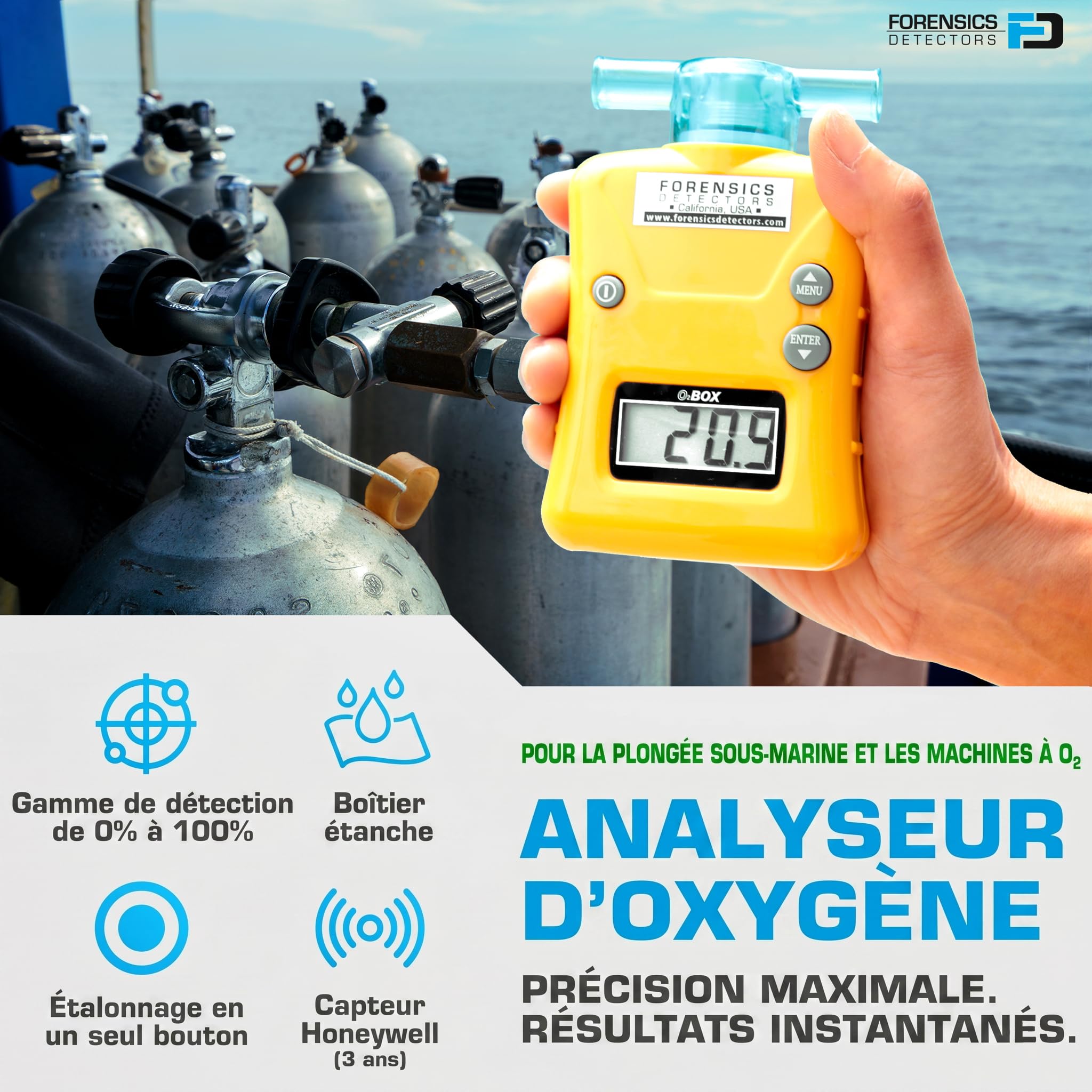 Analyseur d’Oxygène (O2) | 0–100% avec Résolution de 0,1% | Plongée, Nitrox Et Scuba | Boîtier Résistant À l’Eau | FD-O2BOX
