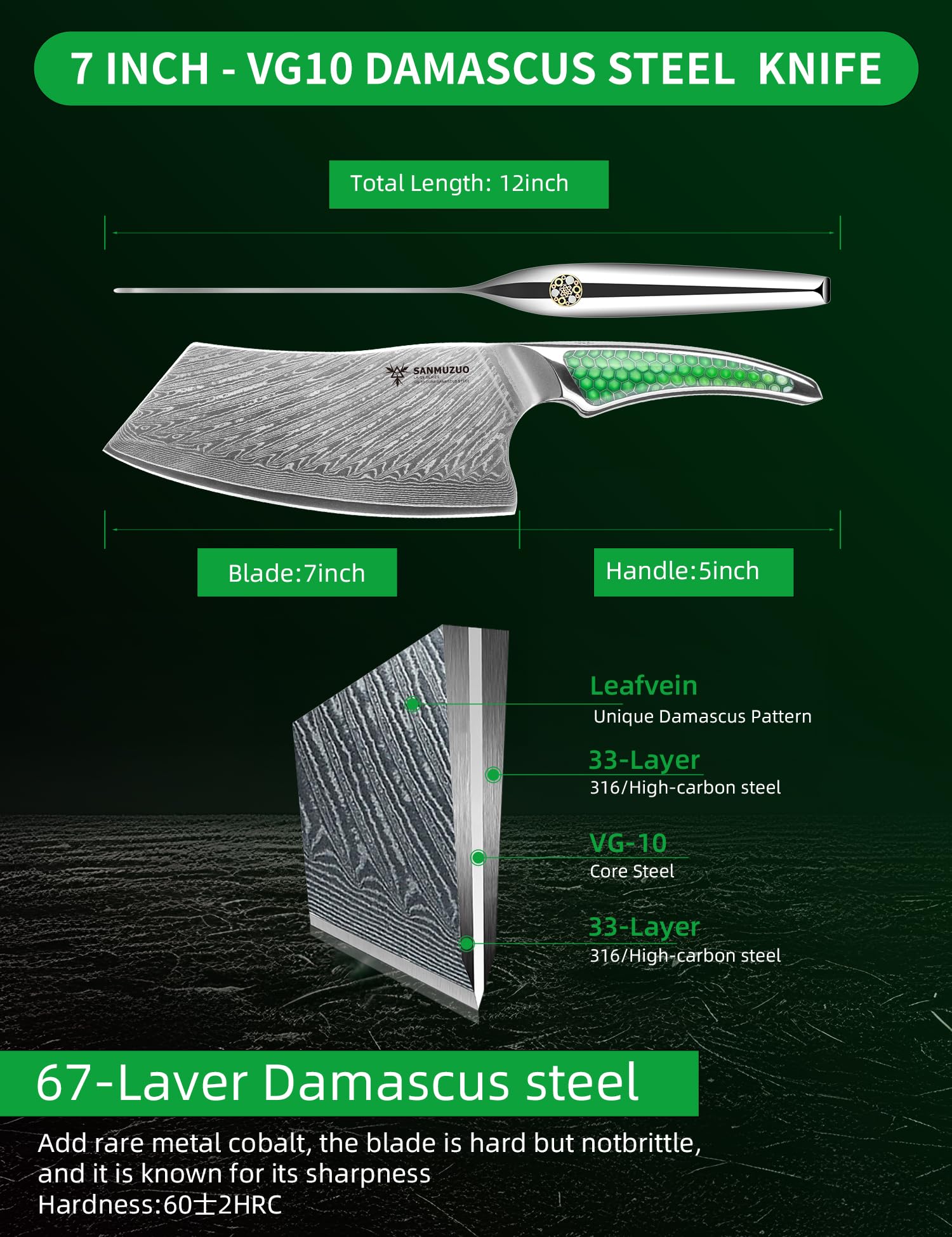 Coltello Nakiri da 18CM, coltello da carne giapponese in acciaio damasco VG-10, coltello da verdura ultra affilato con impugnatura a codolo intero in resina verde, serie LA-S9