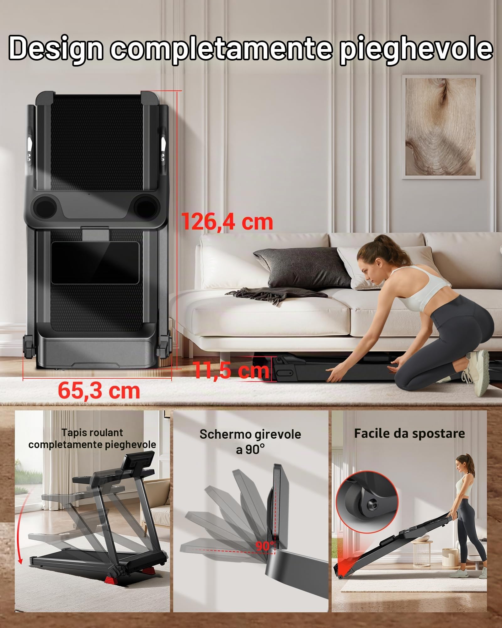 CURSOR Tapis Roulant per Casa con Pendenza 16%, 14KM/H, Tapis Roulant Pieghevole con Misurazione del Battito Cardiaco, Tapis Roulant per Casa con Silenzioso Motore da 3,5 CV, Display LED, Max Carico