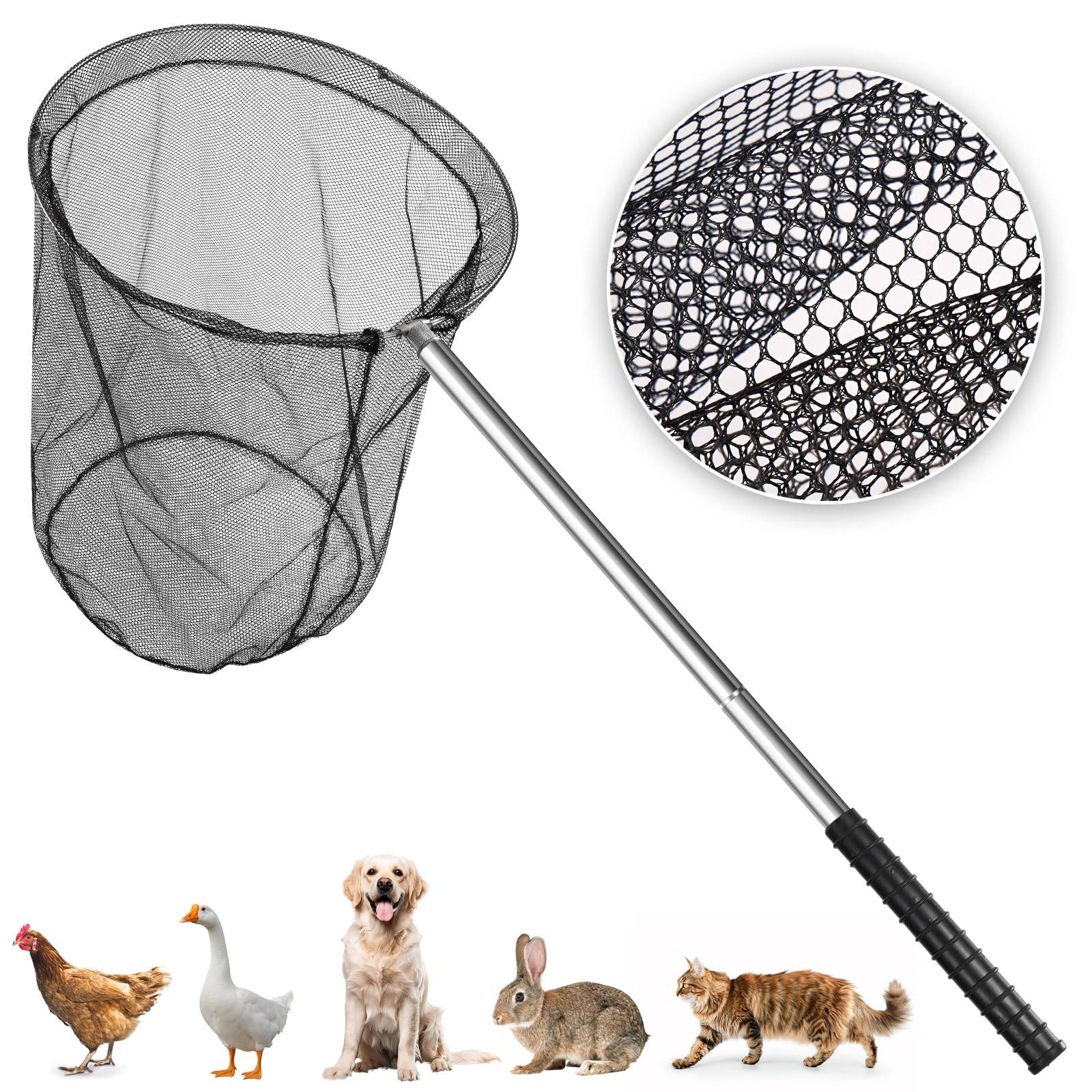 Uross Heavy Duty Detachable Animal Control Catch Net Pole Tool, Extends to 210CM, Net Depth 55CM for Dog Shoat Goat Cat Boar Hog Pig Racoon Possum Skunk Goose Chickens Pigeon Large Fishing Net