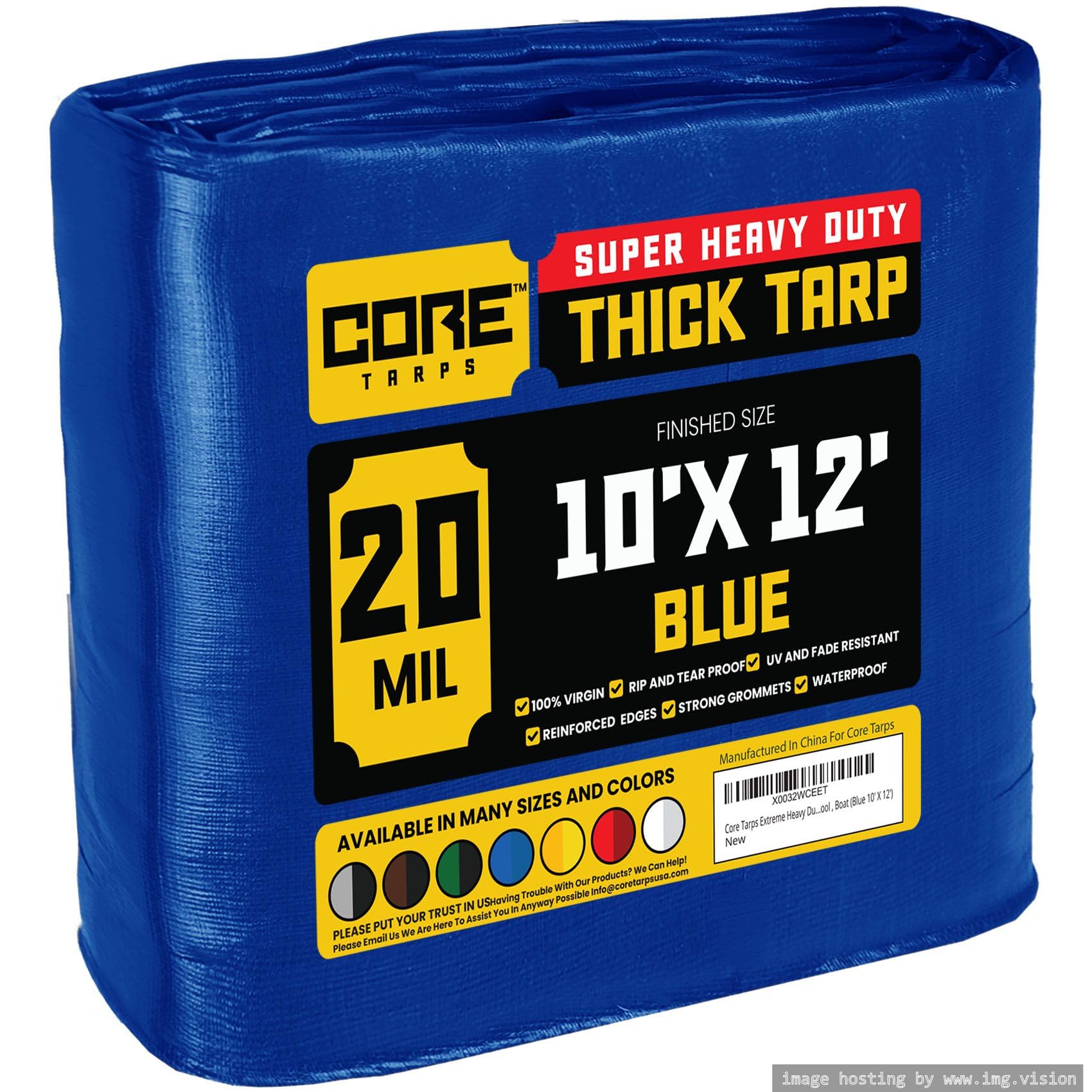 Core Tarps Extreme Heavy Duty 20 Mil Tarp Cover, Waterproof, UV Resistant, Rip and Tear Proof, Poly Tarpaulin with Reinforced Edges for Roof, Patio, Pool, Boat (Blue 10′ X 12′)