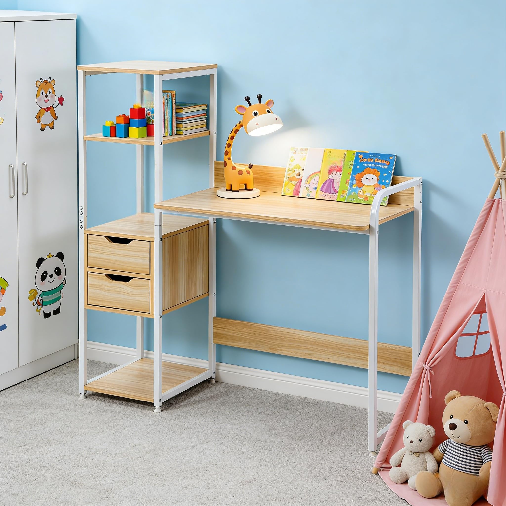 Amazon | パソコンデスク 引き出し付き 3段シェルフ付 勉強机 学習机