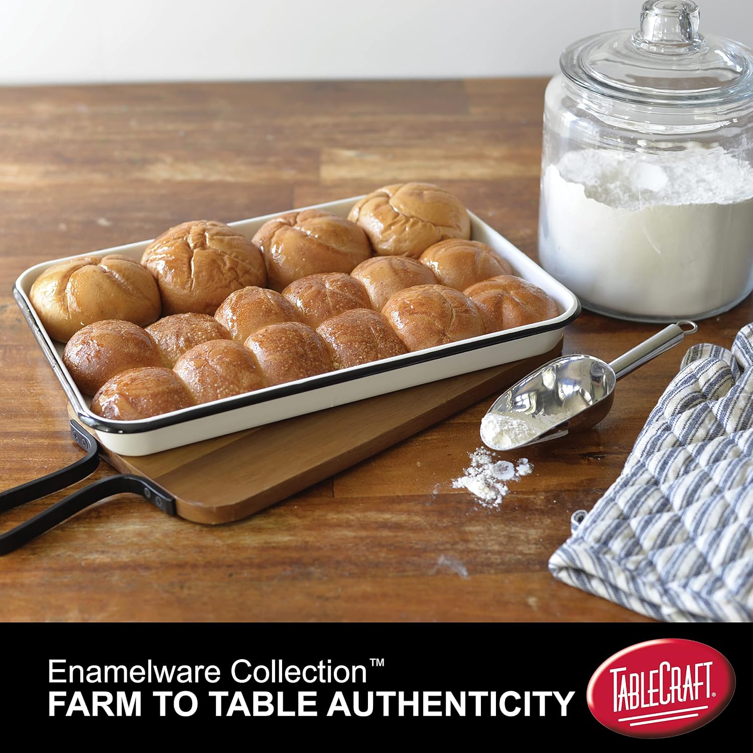 Tablecraft Enamelware Collection Black Rim Solid White Enamel Baking Cookie Sheet Jelly Roll Pan, Home Kitchen & Restaurant, Porcelain over Steel, Classic, Vintage, Retro Style, 16x11.5x1.5