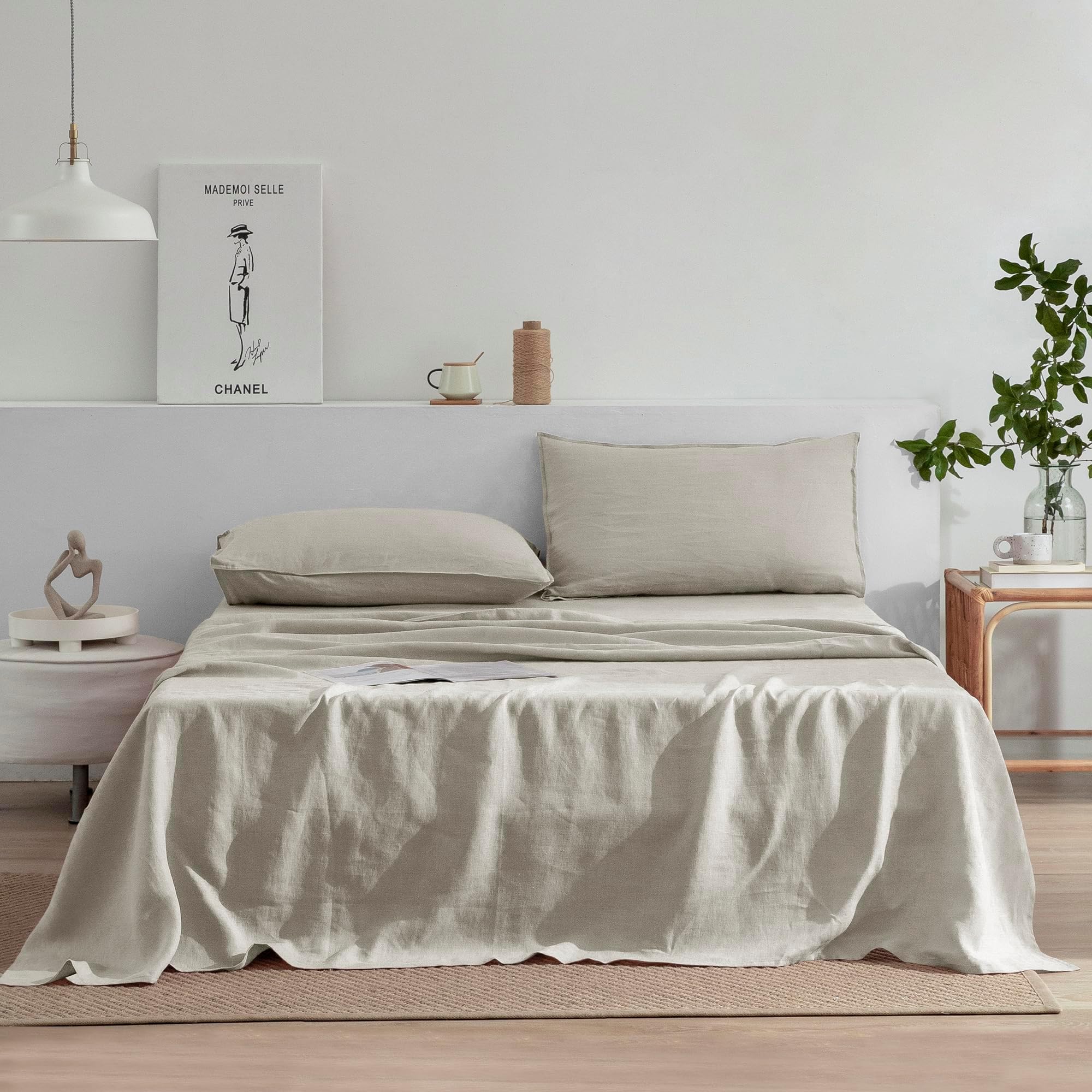 EVERLY Linen Sheets Set Queen Size, 100% French Stonewash Pure Linen, 4 Pieces (1 Flat Sheet, 1 Fitted Sheet, 2 Pillowcases), Deep Pocket Natural Bedding Set, Not Dyed, Suitable for Hot Sleepers