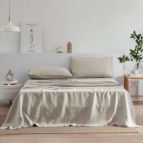 EVERLY Linen Sheets Set Queen Size, 100% French Stonewash Pure