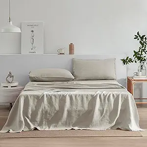 EVERLY Linen Sheets Set Full Size,100% French Stonewash Pure Linen Bed Sheets,4Pieces (1Flat Sheet,1Fitted Sheet,2Pillowcase) Suitable for Hot Sleepers,Deep Pocket Natural Bedding Set
