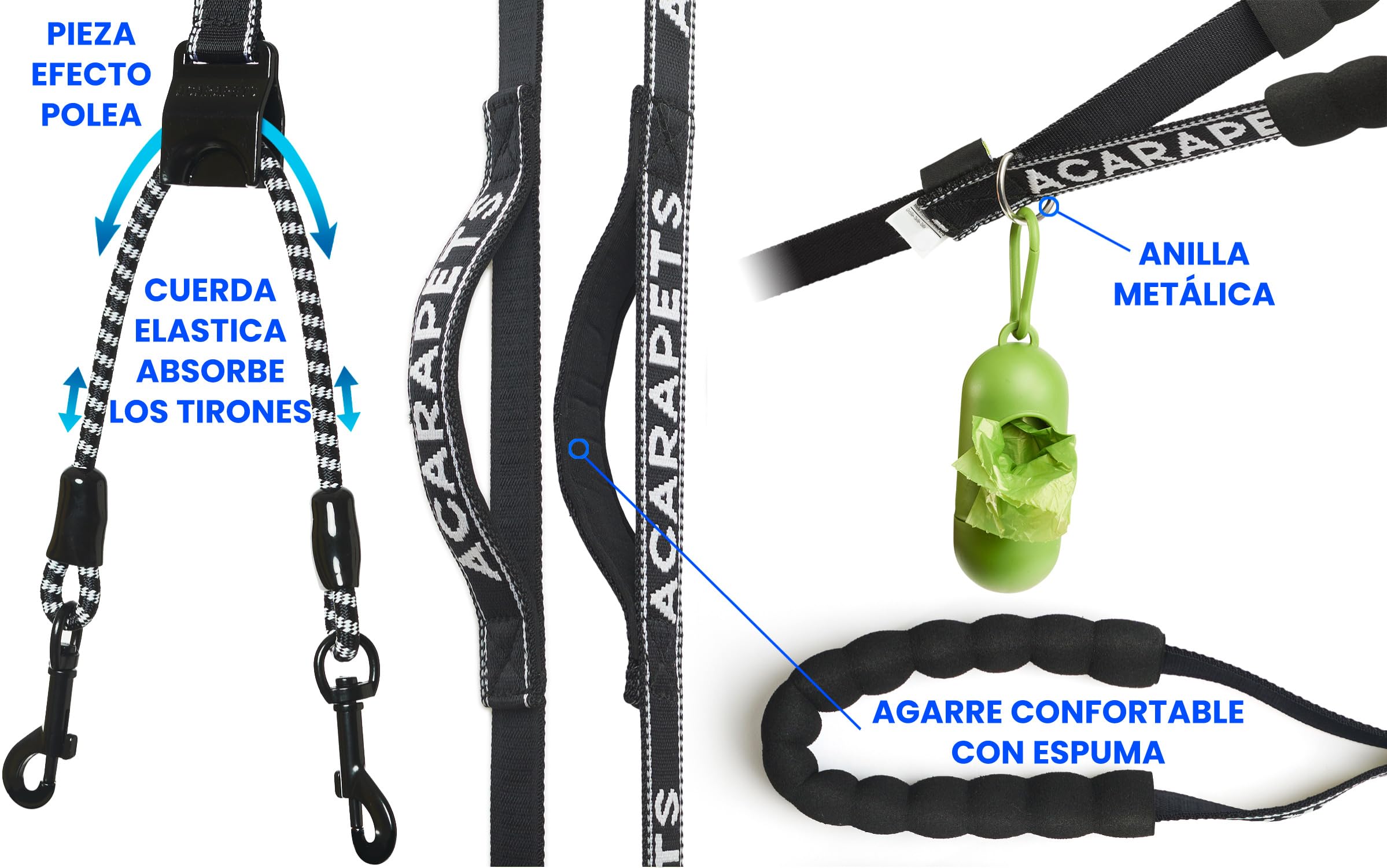 Arnés y Correa para Perro ACARAPETS - Arnés con 3 Anillas, Acolchado y Transpirable con Correa Bífida Elástica, Reflectante, Ajustable, para Caminar y Correr. (Negro, XL con Correa)