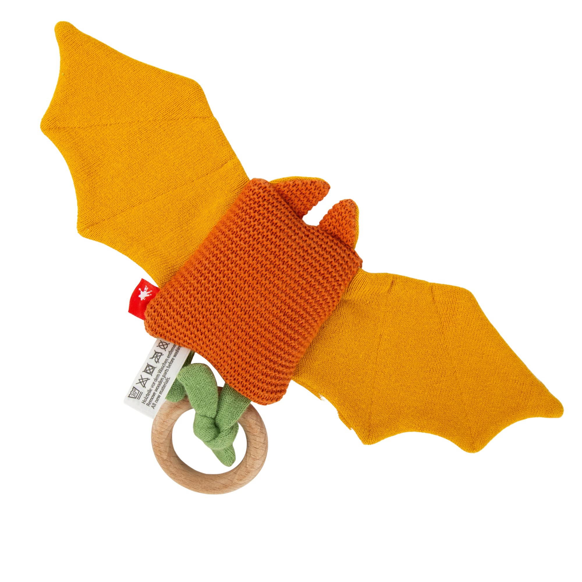 SIGIKID 39673 - Mazza a maglia per bambini, in maglia di cotone, con anello in legno e sonaglio, per afferrare, ascoltare e giocare per bambini da 3 a 12 mesi, arancione, 8 x 34 x 3 cm
