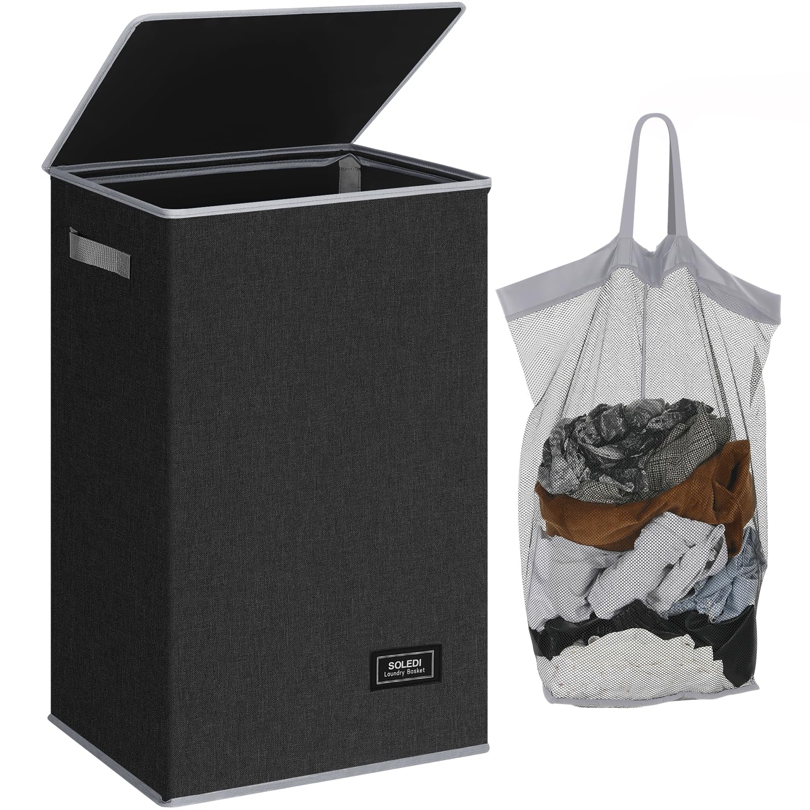 SOLEDI Laundry Basket with Lid Clothes Hamper Collapsible Washing Laundry Basket Bag, Foldable Washing Bin for Bedroom (Dark Grey, 90L)