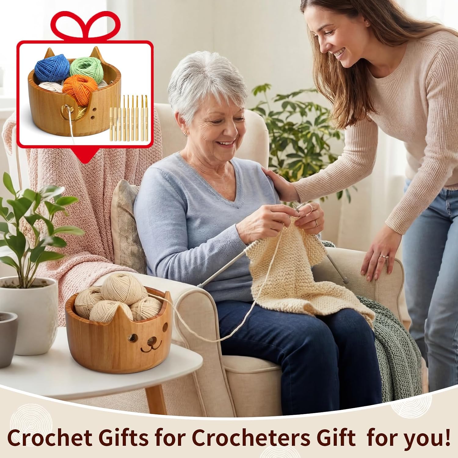 Giegxin Wooden Cat Yarn Bowl Large Polished Crochet Bowl with 9 Pcs Crochet Hook Pine Wool Yarn Holder for Knitting Accessories 7.5 x 5 Inch for Knitting and Crocheting Gift(Light Brown)