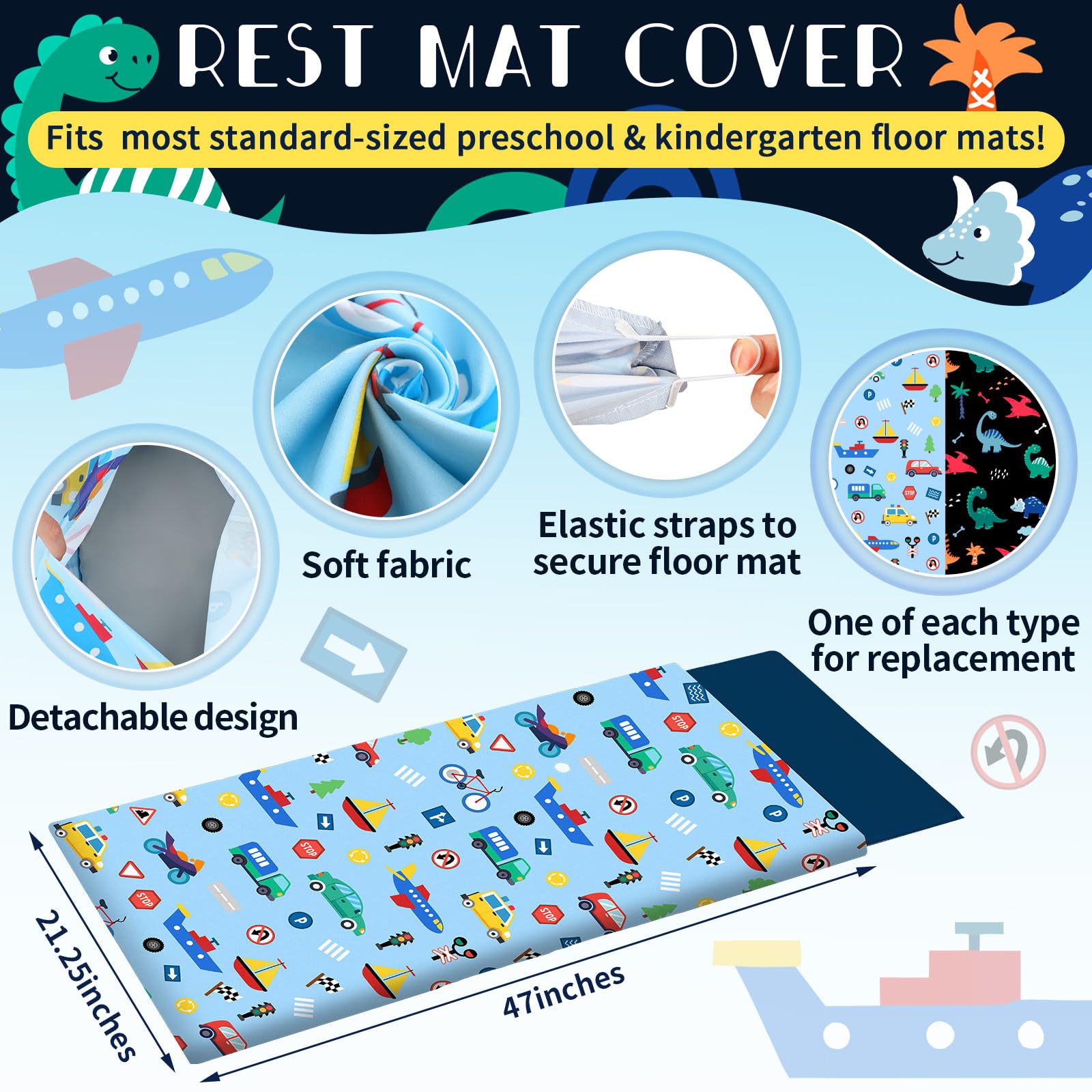 Fanfanwin 2 Pcs Dinosaurs Nap Mat Cover for Boys Sewn in Flap Design Construction Rest Microfiber Mat Cover for Preschool Daycare Kindergarten