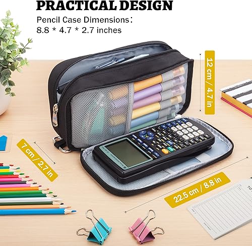 Miniatura 4 de Estuche para lápices de gran capacidad, estuche de almacenamiento grande para rotuladores, bolsa duradera de 3 compartimentos, organizador de
