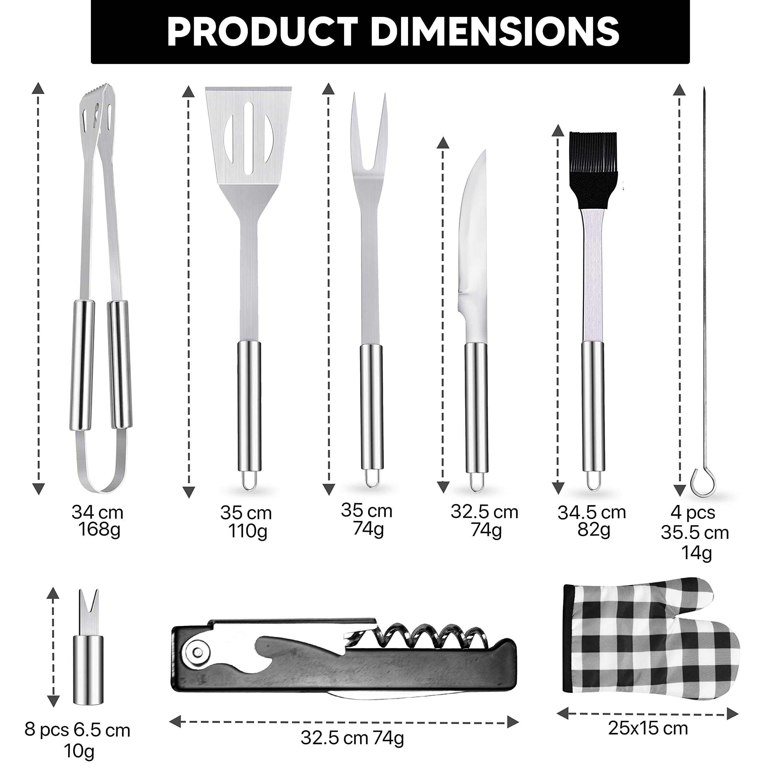 Set Strumenti Barbecue 20 Pezzi In Acciaio Inox - Pinze, Spatole, Spiedini, Spazzola E Custodia, Per Grigliate All'aperto