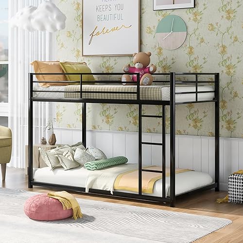 Miniatura 6 de Harper & Bright Designs Litera de metal individual sobre individual, litera baja resistente con barandillas de seguridad y escalera (negro)