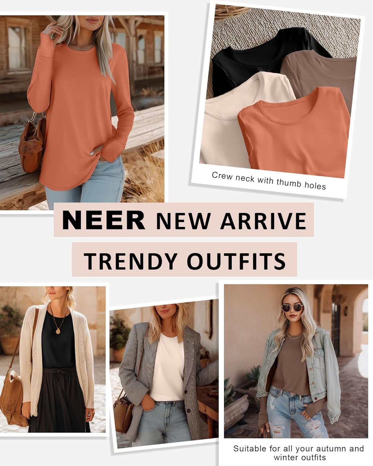 Neer 4 Pack Women's Long Sleeve Shirts with Thumb Holes, Crew Neck Loose Tops Tunic Cotton Blend Casual Y2k Fall Tees - Image 3