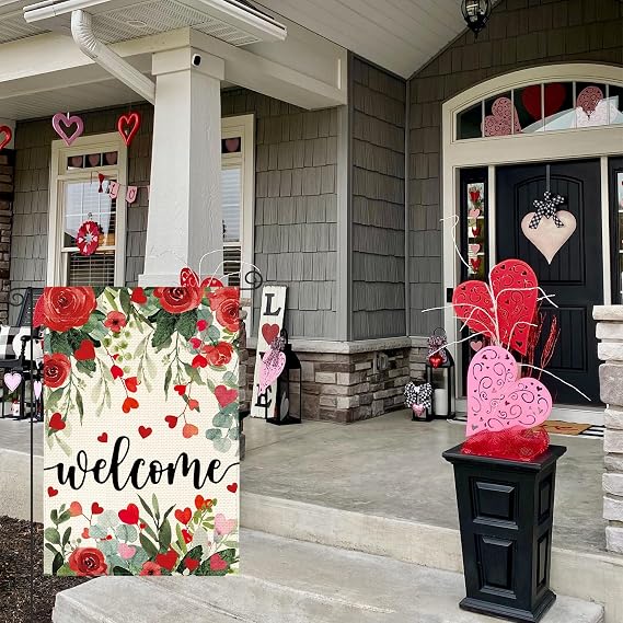 AVOIN colorlife Welcome Hearts Roses Valentines Day Garden Flag 12x18 Inch