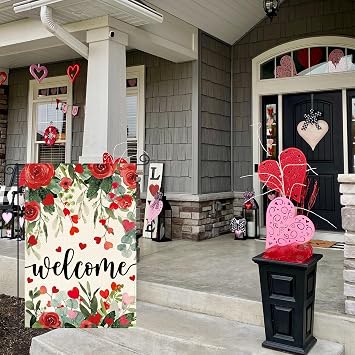 AVOIN colorlife Welcome Hearts Roses Valentines Day Garden Flag 12x18 Inch