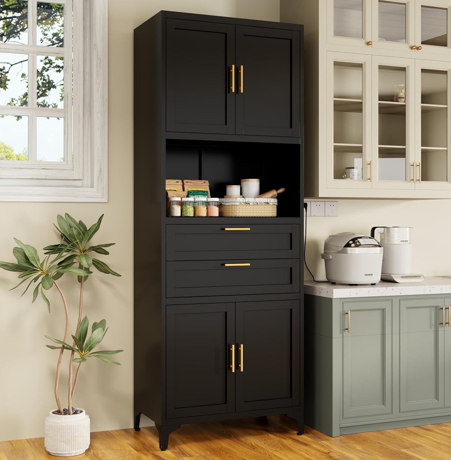 74.8" H Kitchen Pantry, Metal Storage Cabinet with Countertop and Drawers, Tall Kitchen Storage Cabinet, White Metal Cupboard for Dining Room, Bathroom (White)