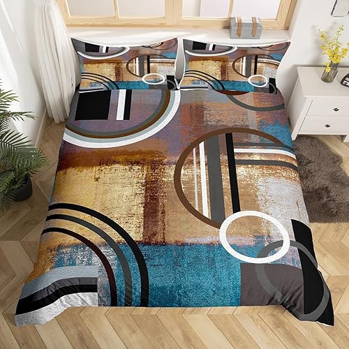 Funda de edredón retro geométrica tamaño Queen, funda de edredón estilo grunge vintage, juego de ropa de cama marrón, negro, azul, gris, funda de