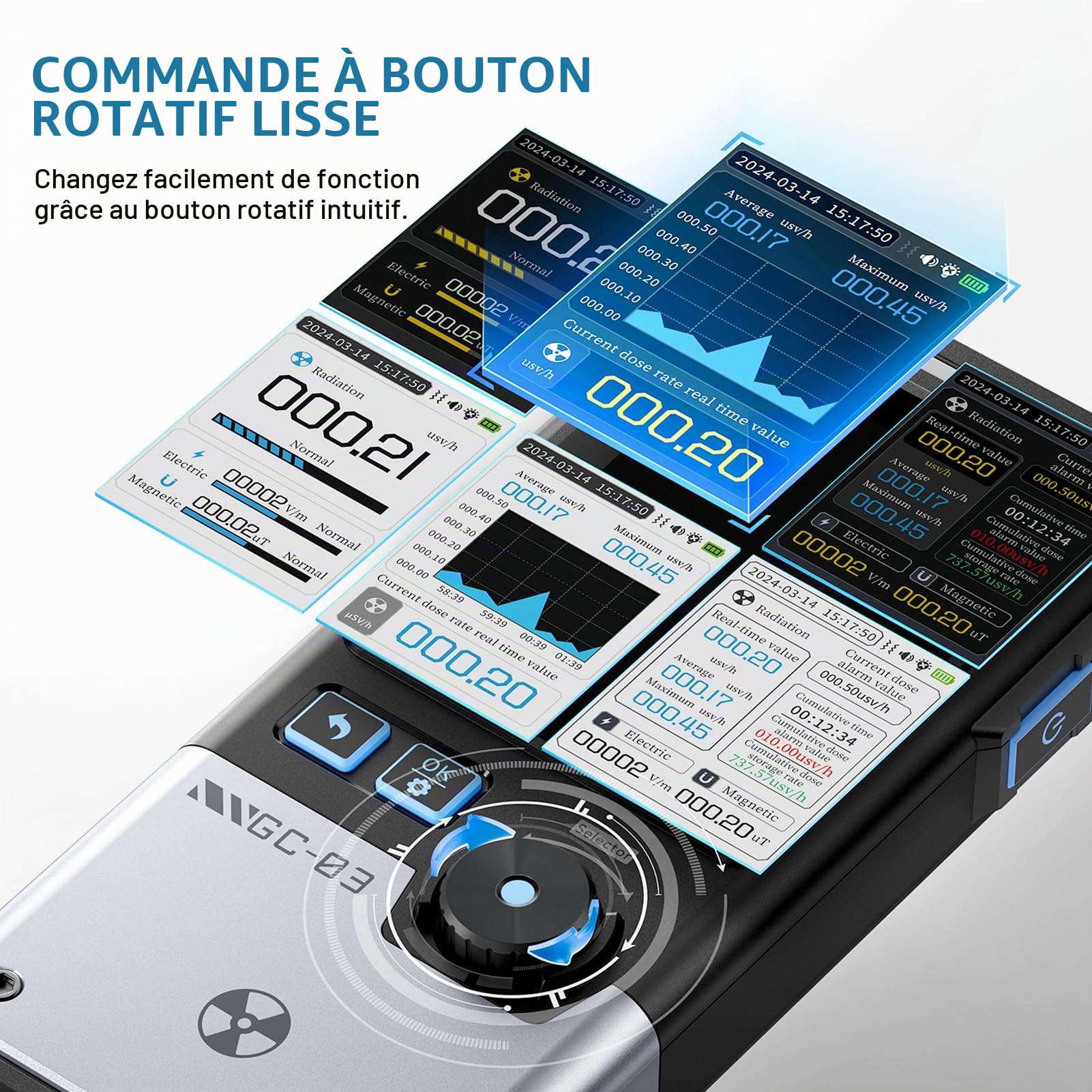 DEWIN Compteur Geiger GC-03, Détecteur de rayonnement Multifonction 3 en 1 for Champs électriques écran rétroéclairé de 2,4 Pouces Champs magnétiques et rayonnement nucléaire, Noir