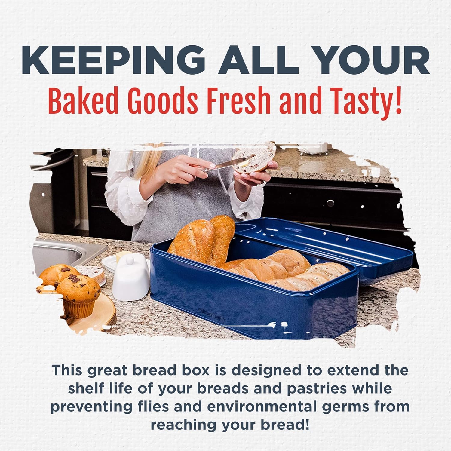 Large Blue Bread Box - Powder Coated Stainless Steel - Extra Large Bin for Loaves, Bagels & More: 16.5" x 8.9" x 6.5" - Bonus Recipe EBook: Home & Kitchen