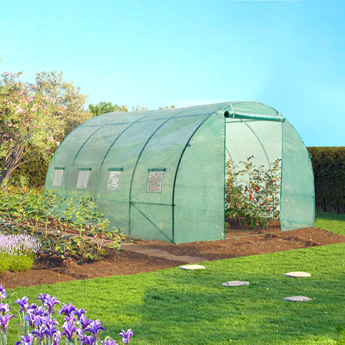 IDMarket - Serra da giardino a tunnel da 12 m², 4 x 3 x 2 m, in acciaio zincato + telo anti-UV con porta e finestre ZEBRA verde, per tutte