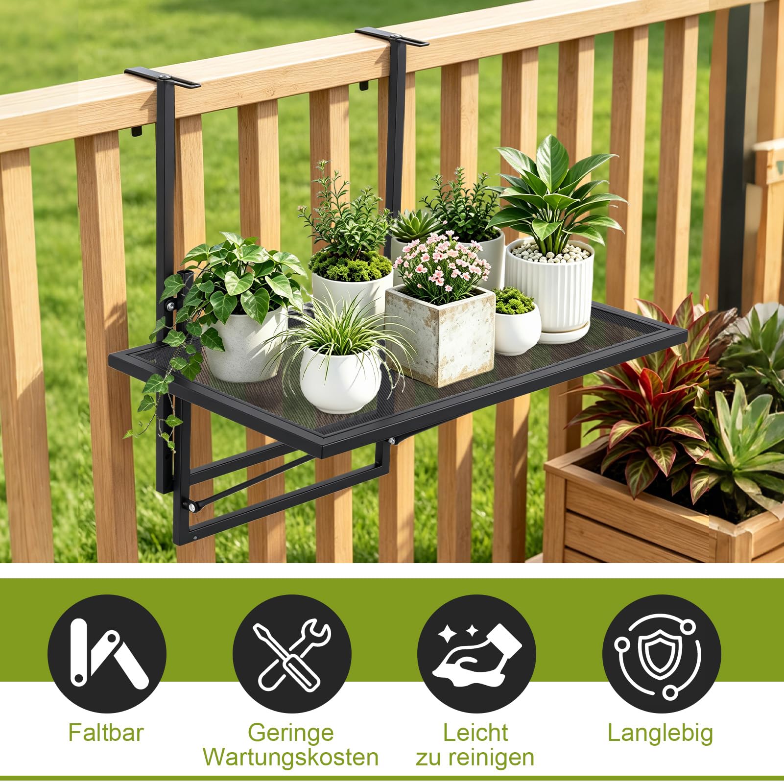 papasbox Table de balcon pliable - 60 x 40 cm - Réglable en hauteur sur 5 niveaux - Table suspendue pour balcon et terrasse