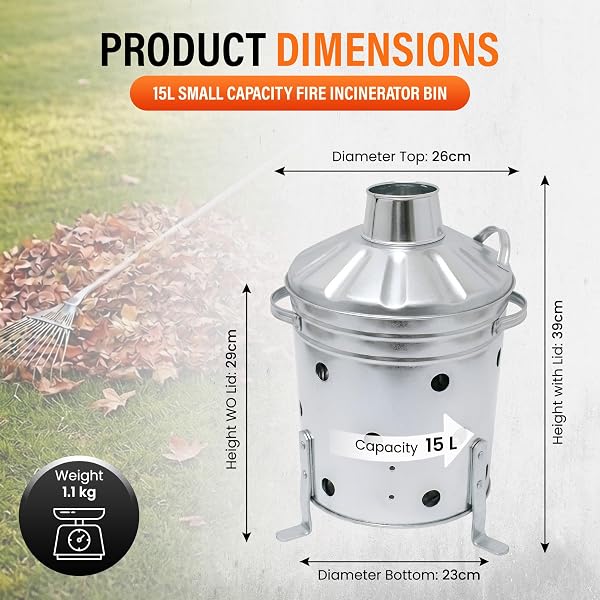Galvanised Incinerator Bin Fire Bin Burning Bin Designed for Garden Woods Leave Heavy Duty with Lid and Stable legs stands (15L) - 2