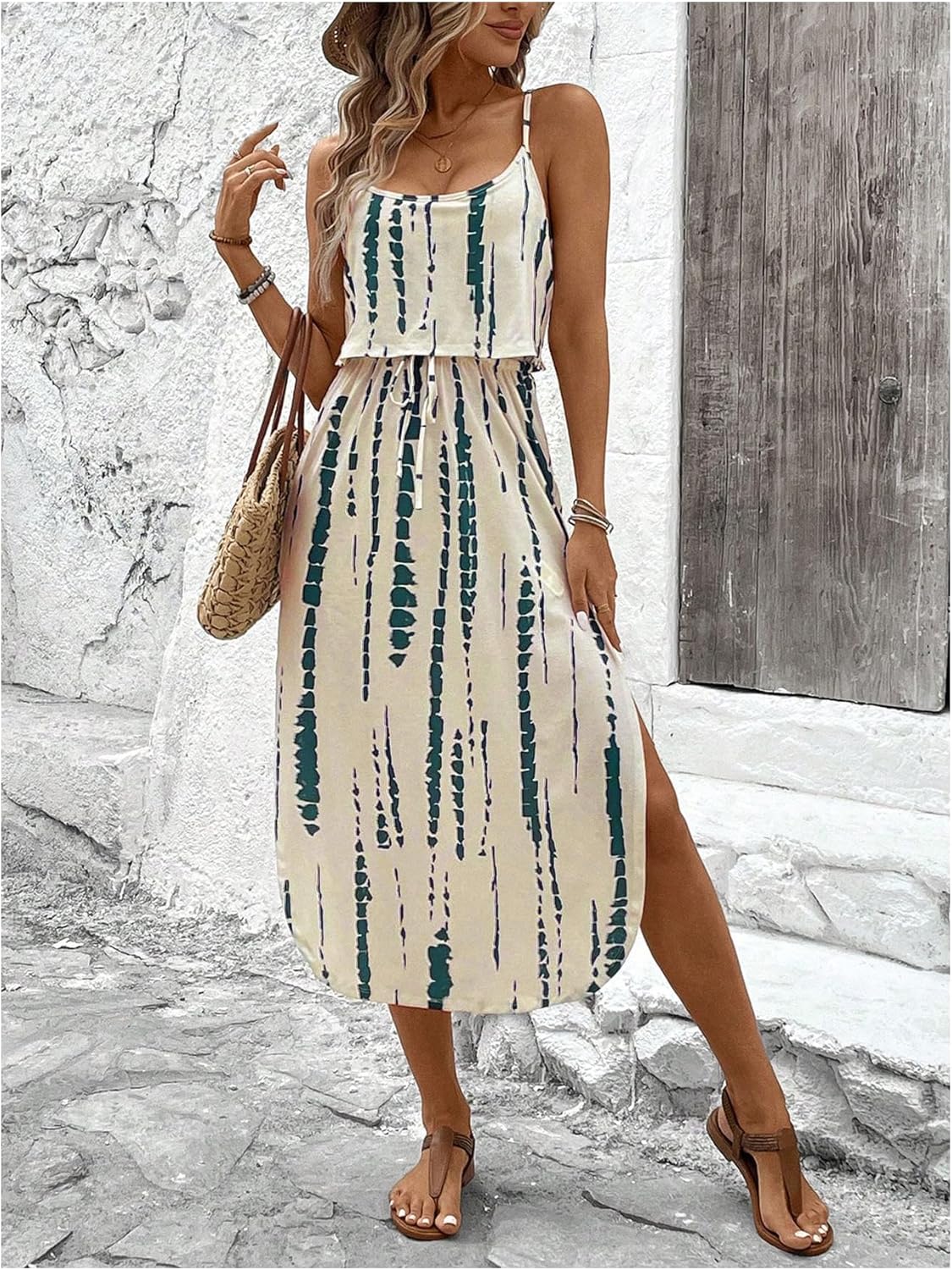 Women's Spaghetti Strap Tie Dye Cami Sun Dress Scoop Neck Split Thigh Beach Midi Dresses Knot Front Vacation Outfit - Image 6