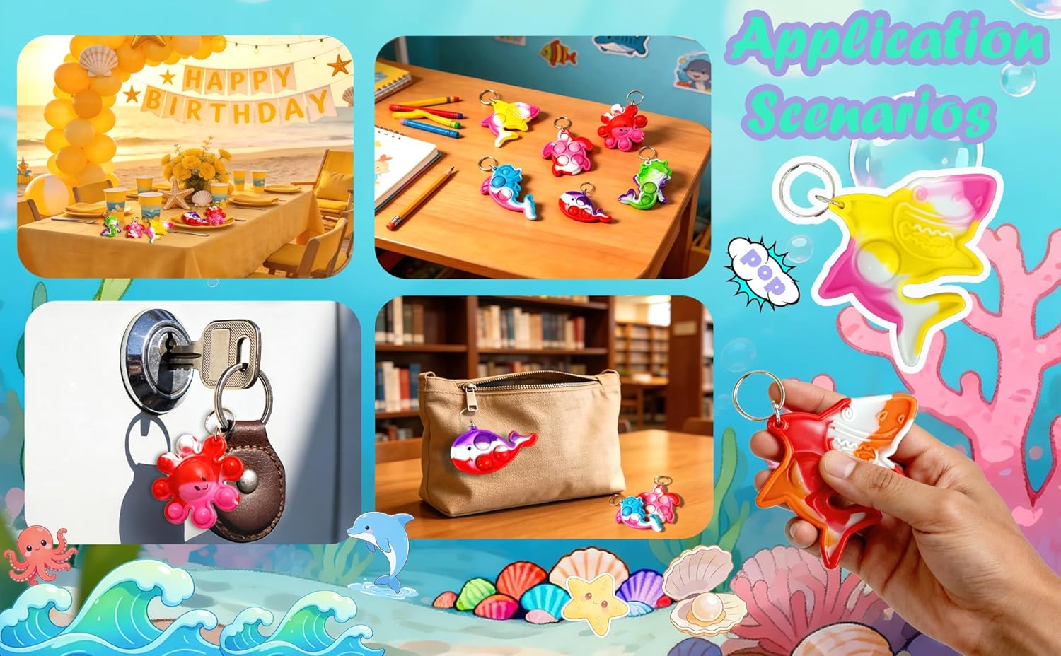 100 Packs Bulk Fidget Bubble Bulk Mini Pop Fishs Octopus, whales, dolphins, turtles, sharks Ocean shape Keychain , Holiday Party Favors Sea Animal Supplies Classroom summer Student gifts