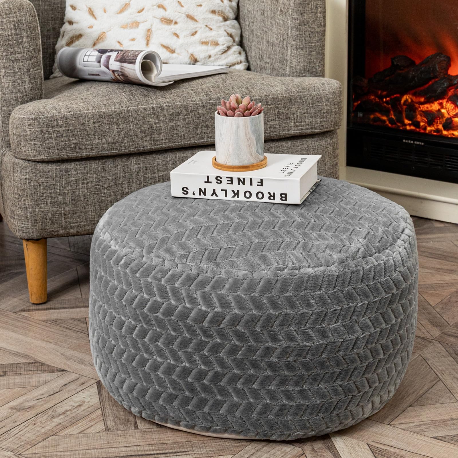 Asuprui Pouf Ottoman Unstuffed Ottoman Foot Rest NO Filler Floor Pouf Round Pouf Seat Floor Bean Bag Chair Foldable Floor Chair Storage for Living Room Bedroom Gray