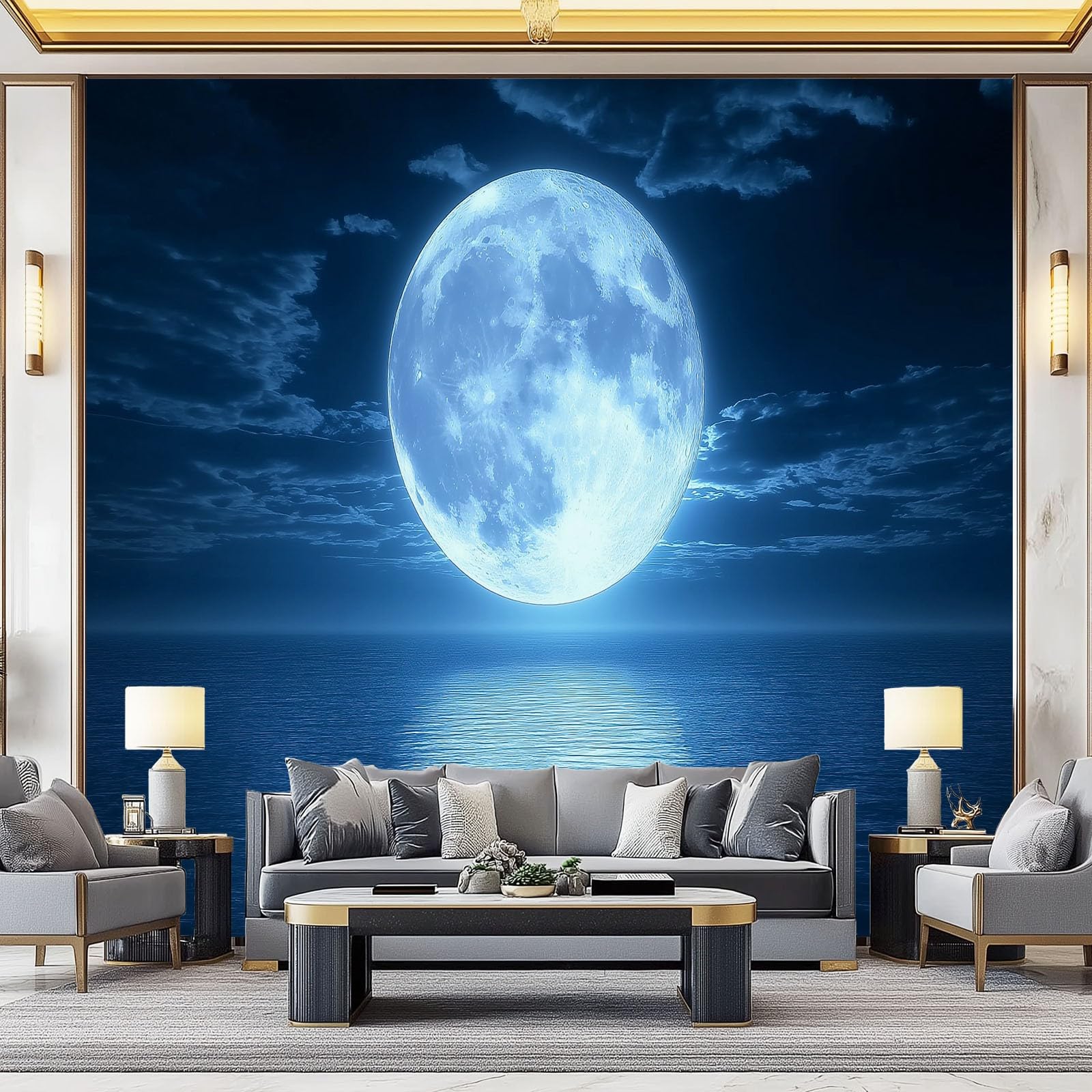 3D Fotomurale Murales Paesaggio fantasy misterioso Carta Parati Adesiva, Chiaro di luna naturale sul lago Non Tessuto Decorazione Parete, 300 x 210 cm Parete Camera da Letto Pareti Murale
