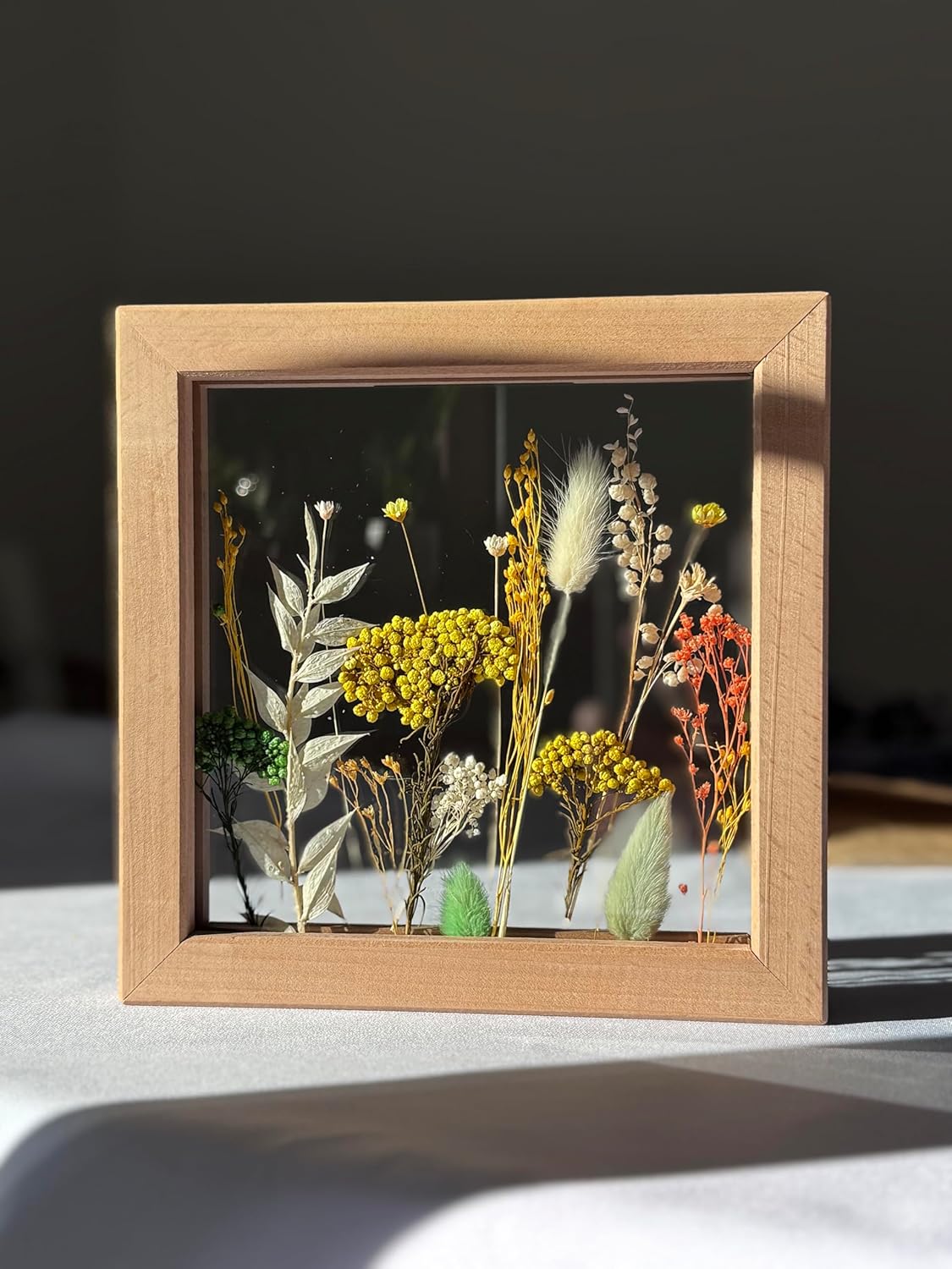 Decorative Frame with Dried Flowers, Wooden Gold Border, Floral Composition with Yellow and White Flowers, 3D Wall Decoration, Bloom Design.pl