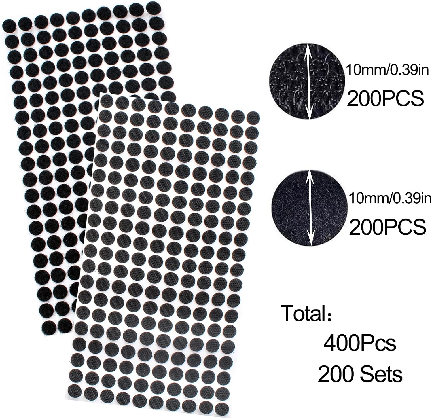 200 Pairs 400 Pieces Self Adhesive Dots, Hook & Loop Self Adhesive Dots Tape, Diameter 10mm Sticky Back Coins Nylon Coins, Dots with Adhesive Heavy Duty for Classroom, Office, Home(Black)