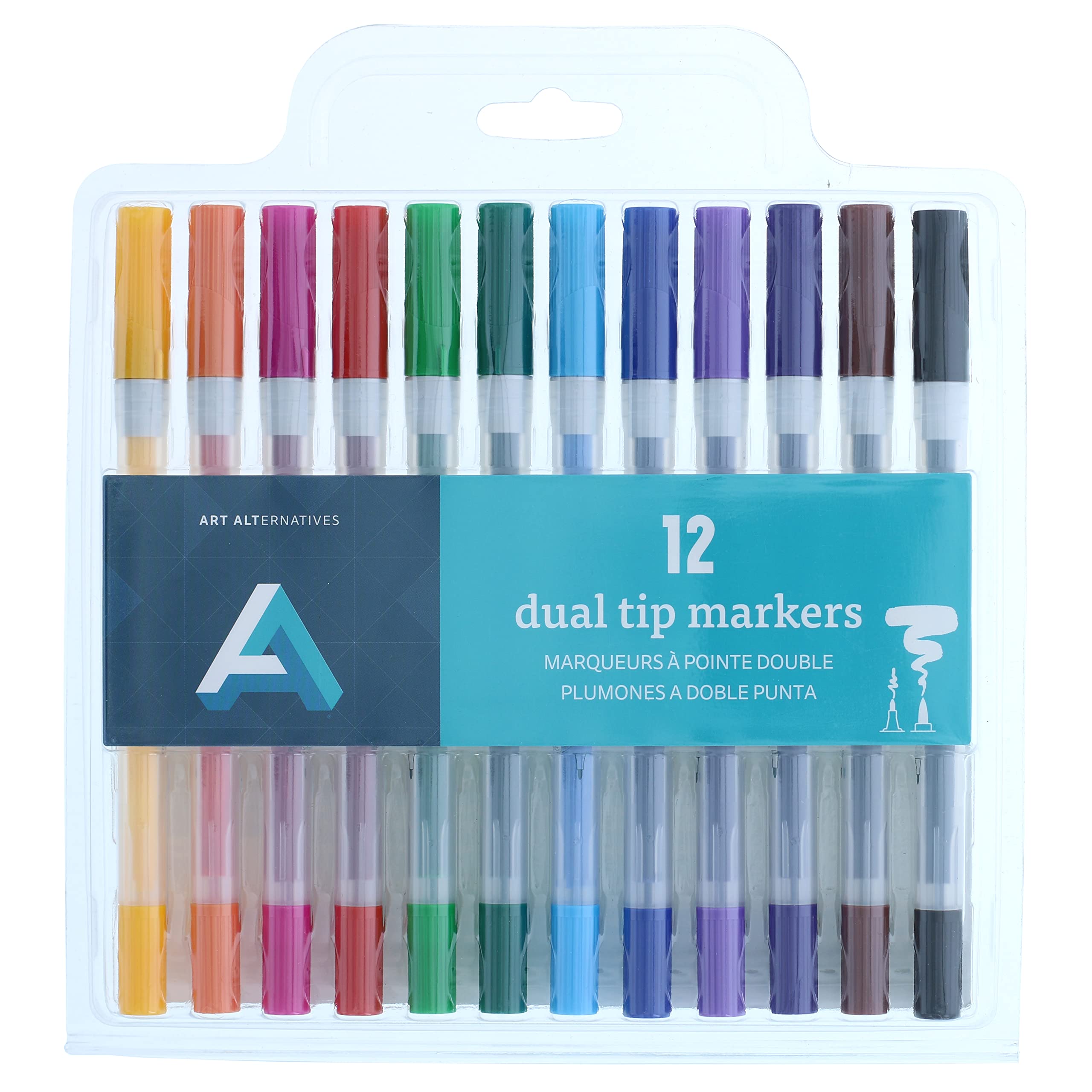 Art Alternatives Dual Tip Marker Set, 12-Colors - Brush + 2mm bullet nib - coloring, illustration, journaling, drawing, lettering