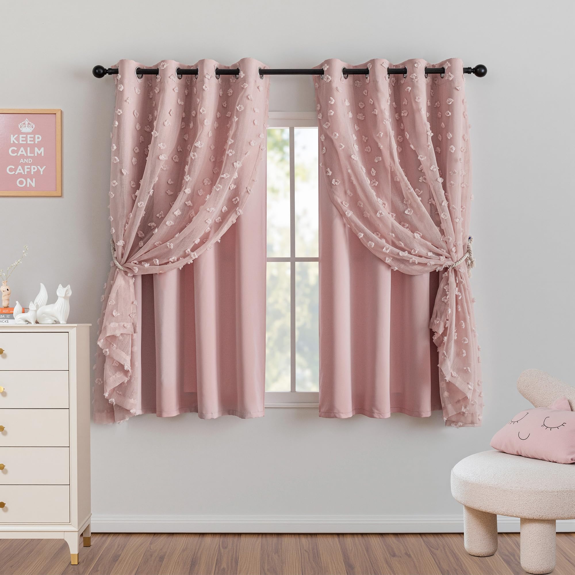 MYSKY HOME Double Layer Curtains for Girls Bedroom Kids Curtain Pink Pom Pom Sheer Window Curtains 2 Panels Pink Curtains Grommet Room Darkening Solid Nursery Curtains 63 Inches Length, W52 X L63