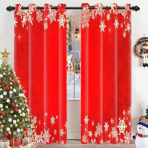 Miniatura 1 de Yeele Cortinas rojas de Navidad de 21 pulgadas de ancho x 45 pulgadas de largo, diseño de copos de nieve blancos de Pascua con ojales para