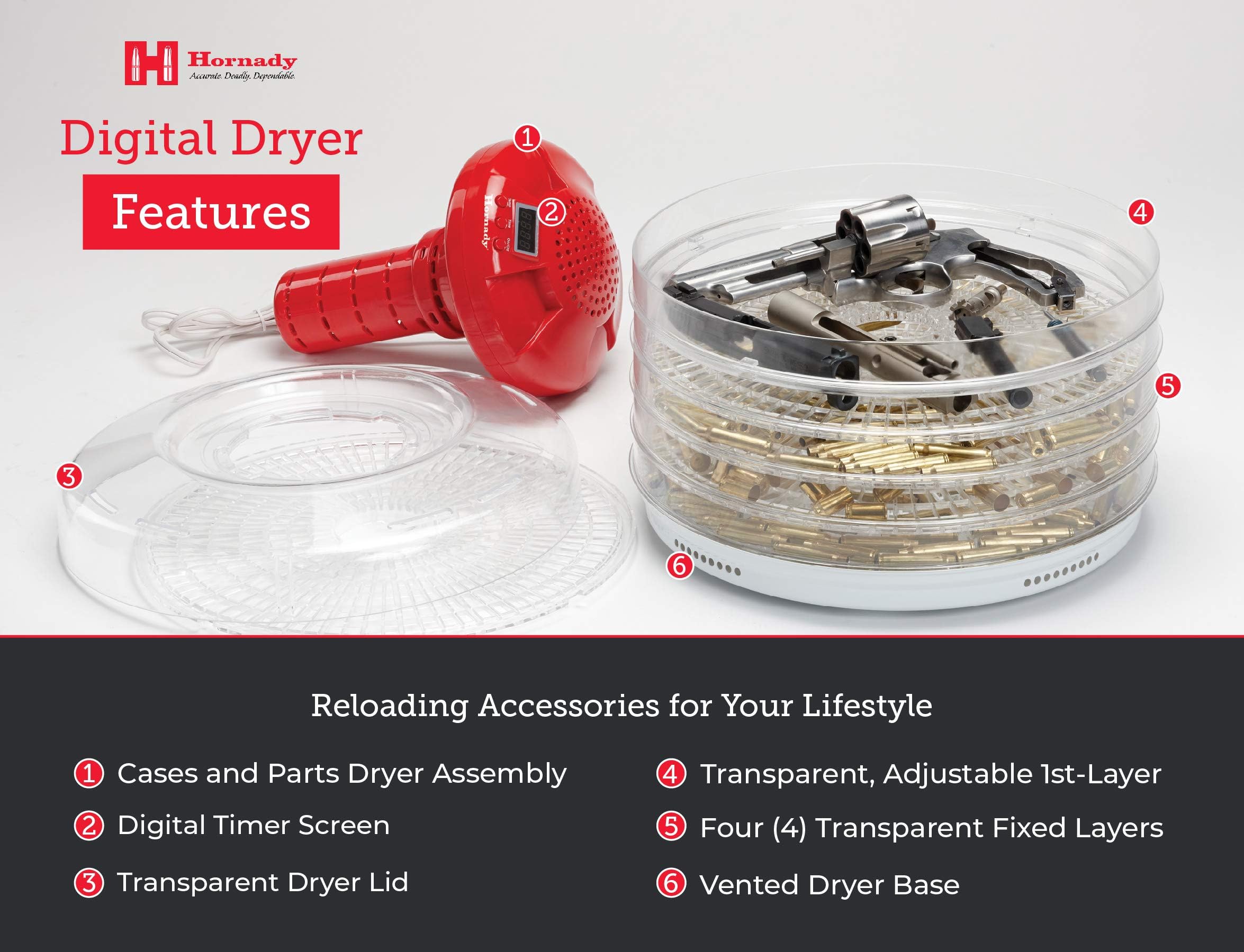 Hornady Digital Case and Parts Dryer – Dry Gun Cases and Parts Thoroughly – Includes 5 Trays for Small and Large Parts – Digital Timer and Temperature Settings – Item 053311