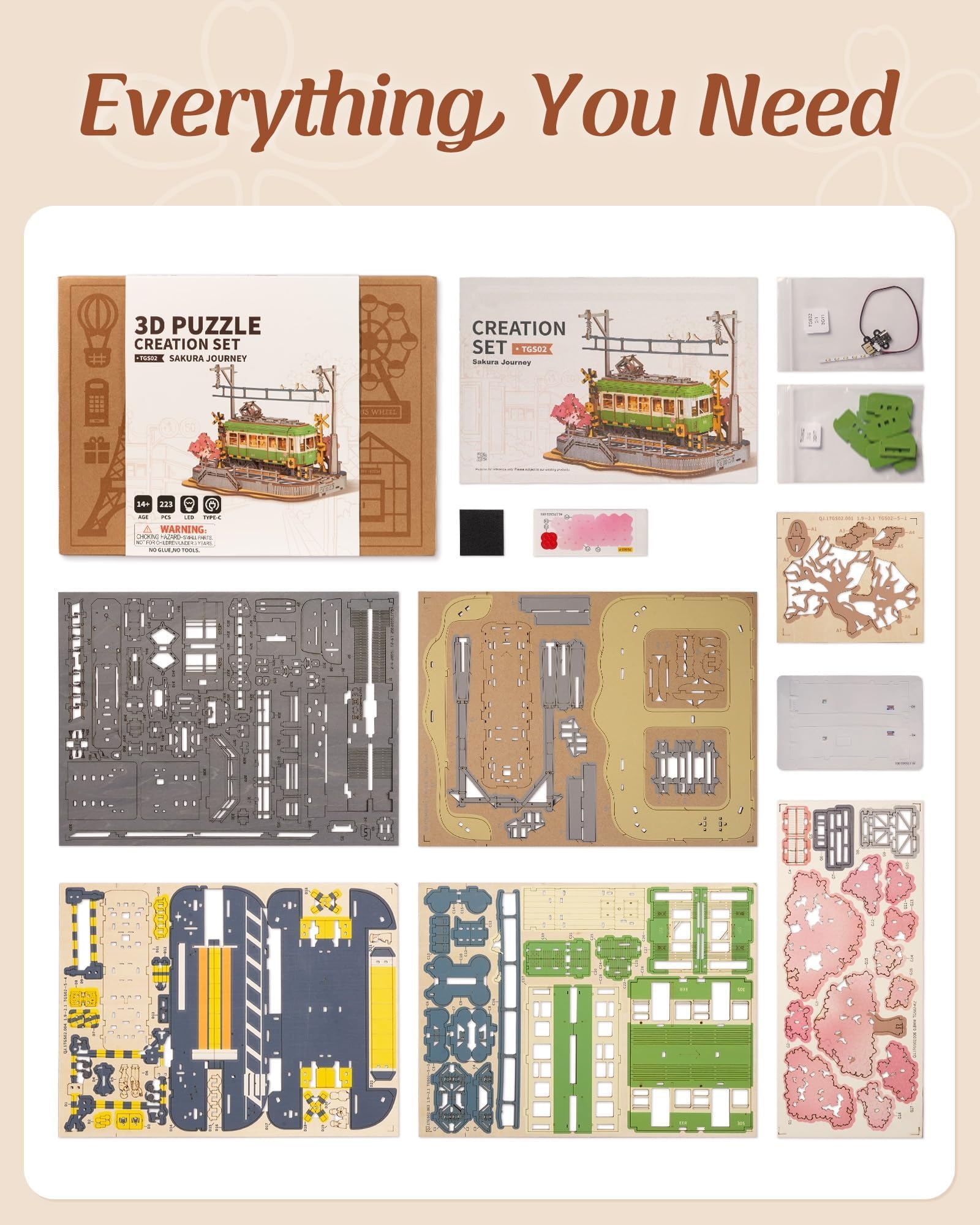 ROWOOD Viaggio Nei Sakura Puzzle Legno 3D, Kit Modello in Legno Da Costruire Per Adulti, Kit Fai Da Te Per Costruire Tram Giapponesi Sakura, Ideale Come Regalo Di Natale E Compleanno