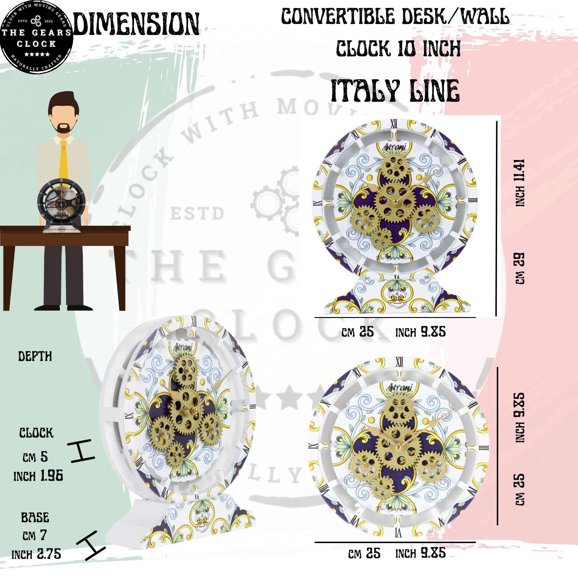 The Gears Clock - Orologio da parete con ingranaggi mobili, collezione Italia, 25,4 cm