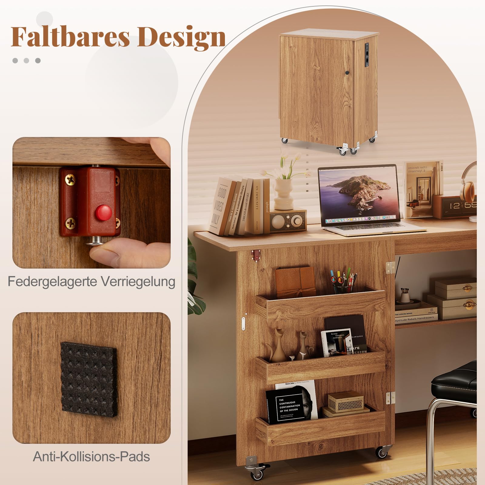 COSTWAY 2 in 1 Nähtisch klappbar mit Ladestation, Nähmaschinenschrank aus Holz mit Regalen, Nähschrank mit abschließbaren Rädern, Nähmaschinentisch Basteltisch für Wohnzimmer, Schlafzimmer (Natur)